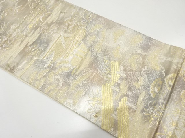 二重引箔　庭園風景模様織り出し　袋帯